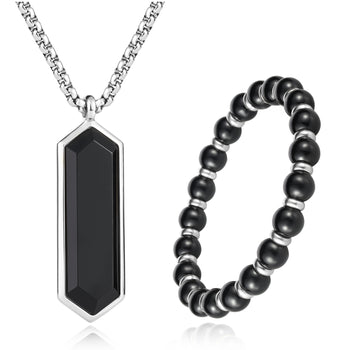 Black Onyx Crystal Necklace Beaded Bracelet Jewelry Set for Men