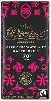 DIVINE CHOCOLATE: 70% Dark Chocolate Bar with Raspberries, 3.5 oz