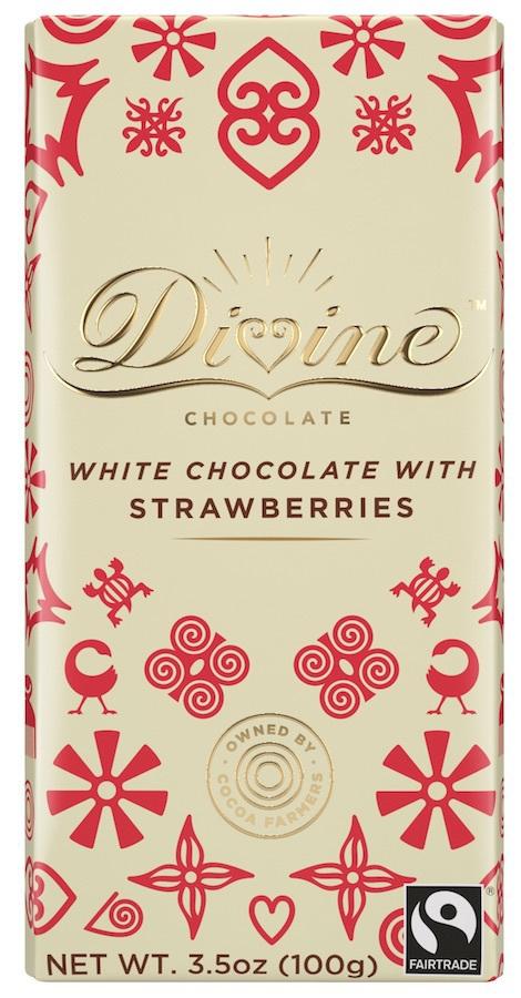 DIVINE CHOCOLATE: White Chocolate Bar with Strawberries, 3.5 oz