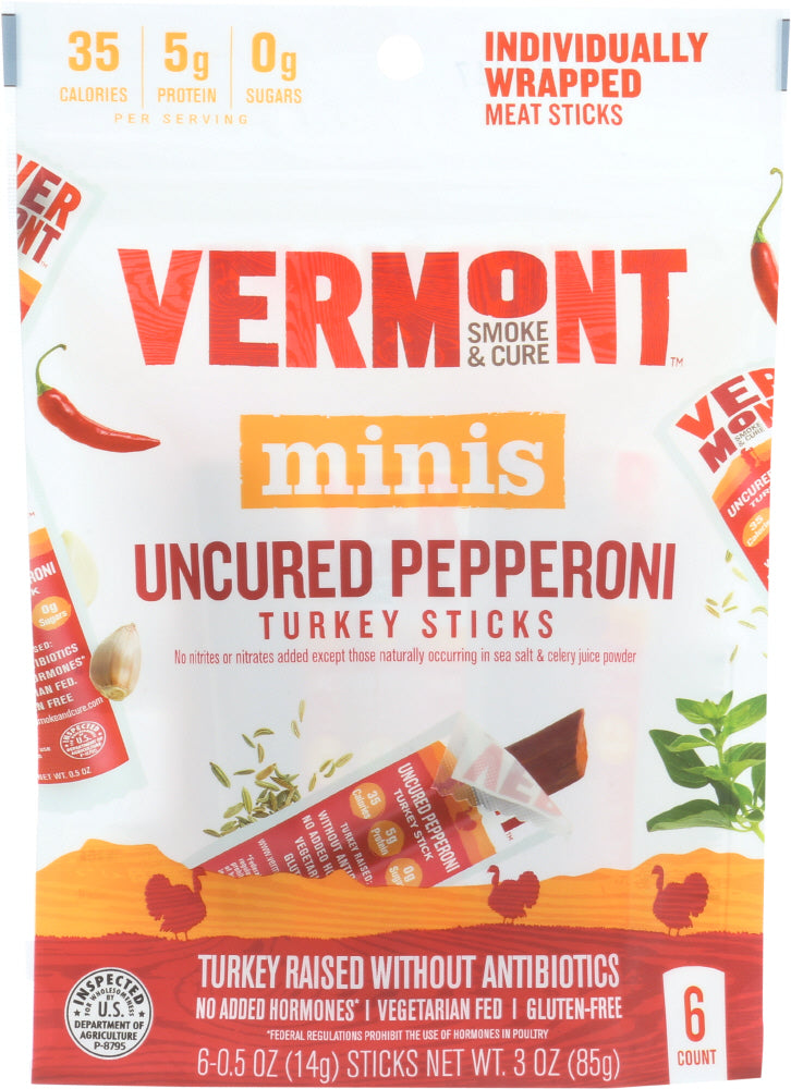 VERMONT SMOKE: Minis Uncured Pepperoni Turkey Sticks, 3 oz