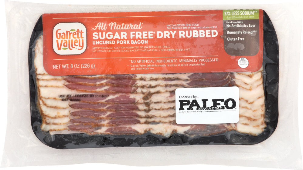 GARRETT VALLEY: Sugar Free Dry Rubbed Uncured Pork Bacon, 8 oz