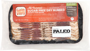 GARRETT VALLEY: Sugar Free Dry Rubbed Uncured Pork Bacon, 8 oz