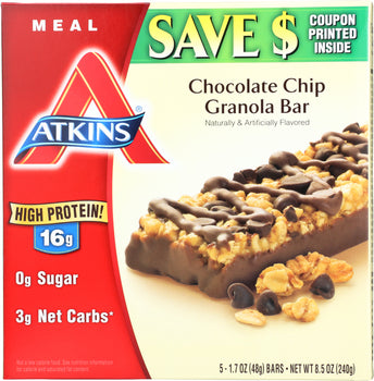 ATKINS: Meal Bar Chocolate Chip Granola (5x1.7oz bars), 8.5 oz