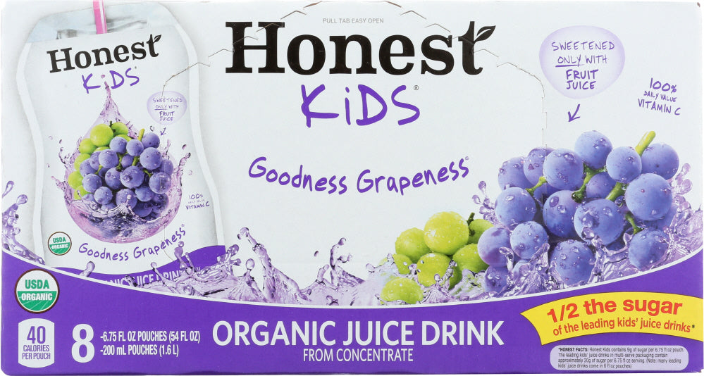 HONEST: Kids Organic Juice Drink Goodness Grapeness, Gluten Free, Non GMO, 8 Count, 54 Oz