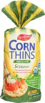 REAL FOODS: Corn Thins Organic Sesame Popped Corn Cakes 26 Slices, 5.3 Oz