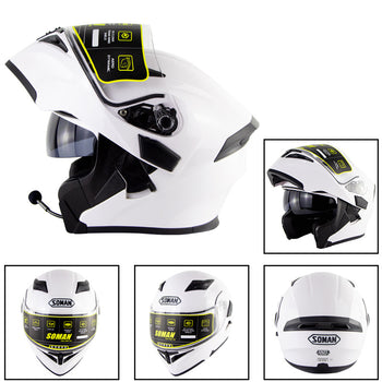 DOT SOMAN 955 Motorcycle bluetooth Full Face Helmet Eye Style Flip Up Double Visors Helmets With BT Headset Earphone 2XL/White