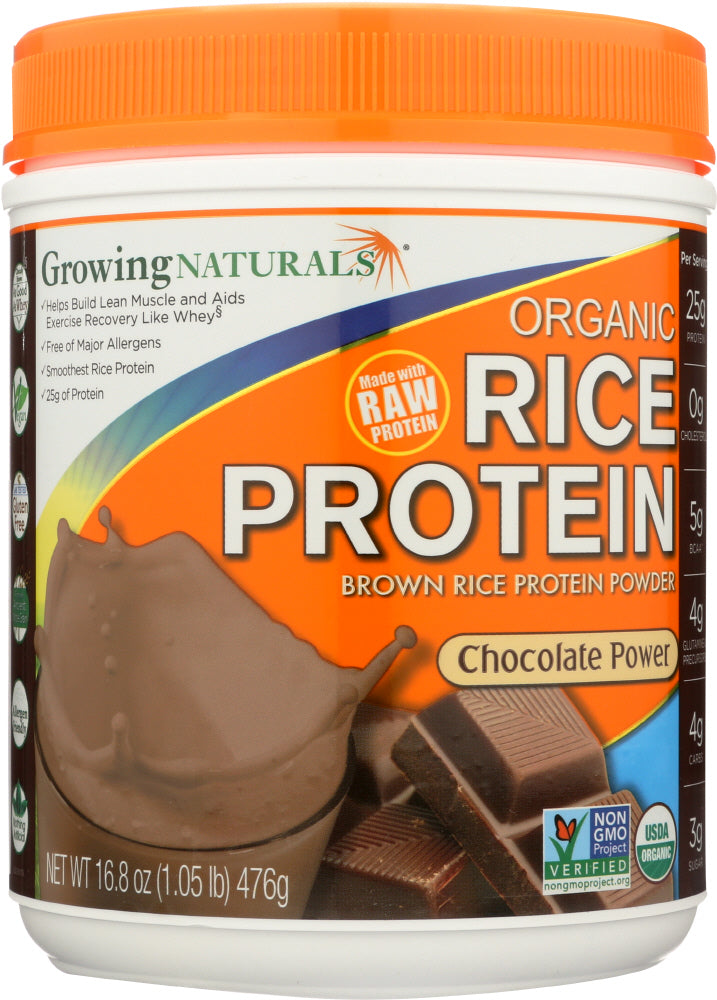 GROWING NATURALS: Organic Raw Rice Protein Chocolate Power, 16.8 oz