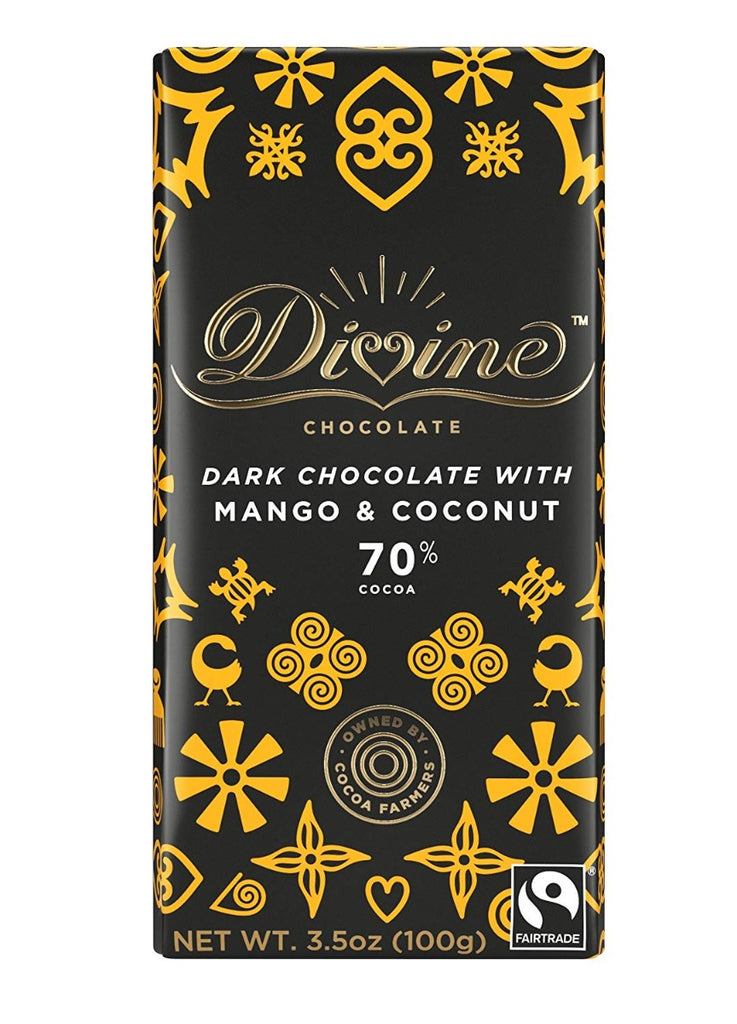 DIVINE CHOCOLATE: 70% Dark Chocolate Bar with Mango & Coconut, 3.5 oz