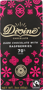 DIVINE CHOCOLATE: 70% Dark Chocolate Bar with Raspberries, 3 oz