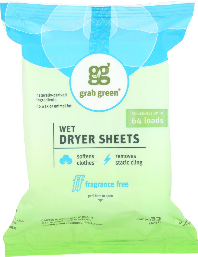 GRABGREEN: Wet Dryer Sheets Fragrance Free 64 Loads, 8.64 oz