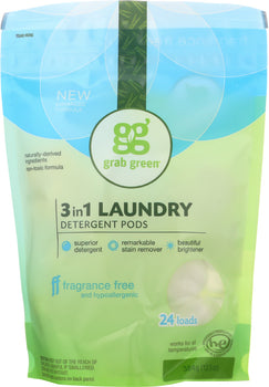 GRABGREEN: 3-in-1 Laundry Detergent 24 Loads Fragrance Free, 15.2 oz