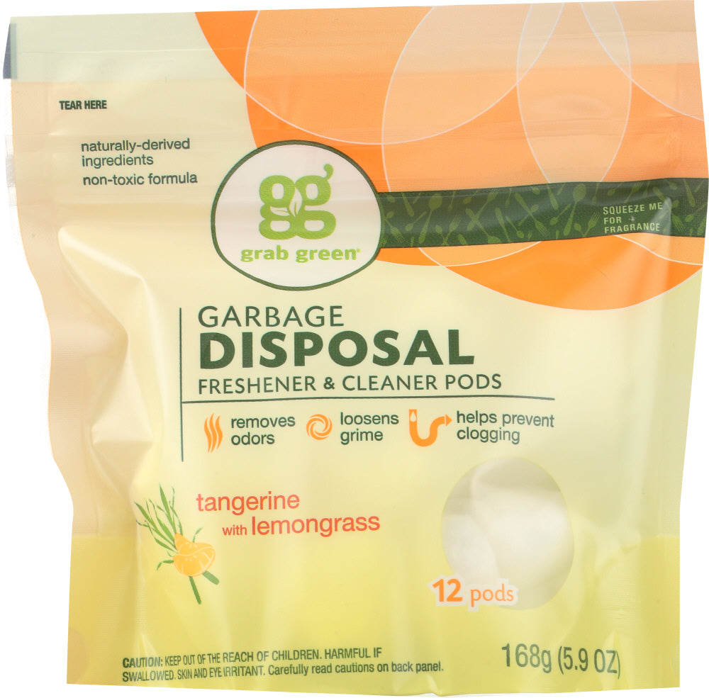 GRABGREEN: Garbage Disposal Freshener and Cleaner Tangerine with Lemongrass 12 Pods, 5.9 Oz