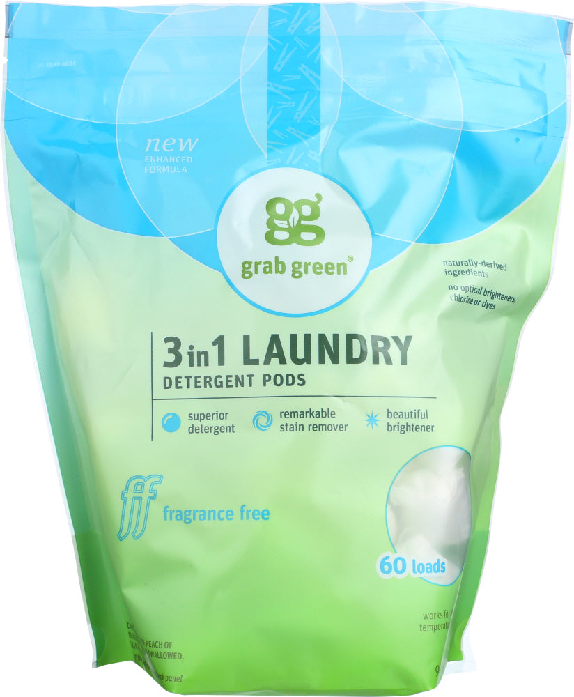 GRAB GREEN: 3-in-1 Laundry Detergent Pods Fragrance Free 60 Pods, 2.4 Lb