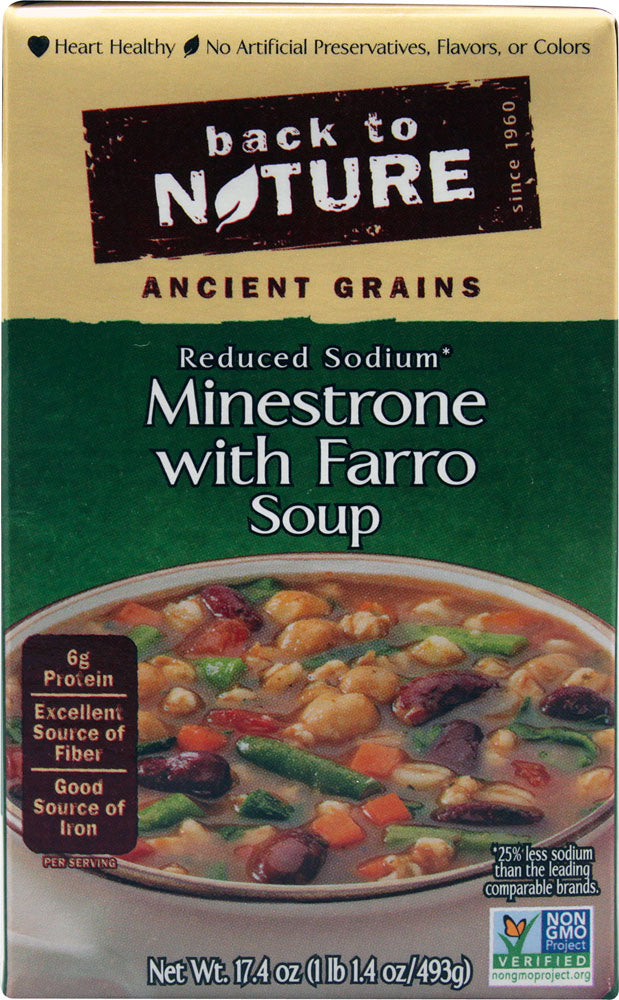 BACK TO NATURE: Reduced Sodium Soup Minestrone with Farro, 17.4 Oz