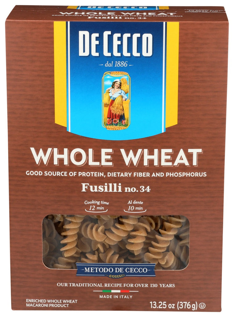 DE CECCO: Fusilli No 34 100 Percent Whole Wheat, 13.25 oz