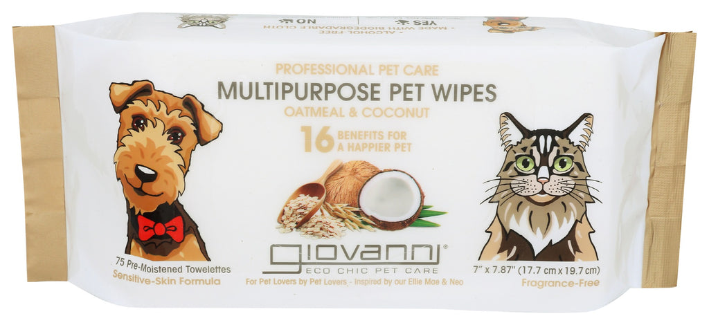 GIOVANNI COSMETICS: Pet Wipes Oatmeal Coconut, 75 pc