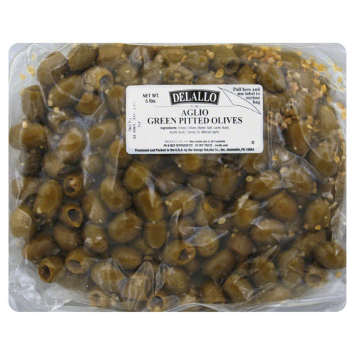 DELALLO: Italian Aglio Green Pitted Olives, 5 lb