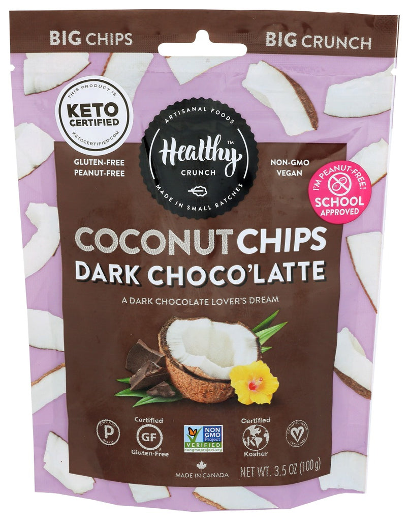 HEALTHY CRUNCH: Dark Choco Latte Coconut Chips, 3.5 oz