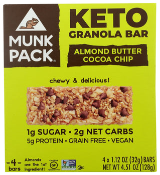 MUNK PACK: Almond Butter Cocoa Chip Keto Granola Bar 4 Pack, 4.51 oz