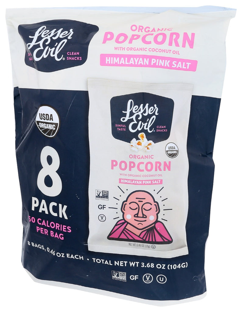 LESSER EVIL: Himalayan Pink Salt Organic Popcorn 8 Snack Pack, 3.68 oz