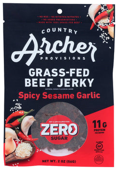 COUNTRY ARCHER: Zero Sugar Spicy Sesame Garlic Grass Fed Beef Jerky, 2 oz