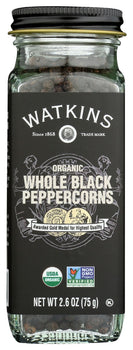 WATKINS: Organic Whole Black Peppercorns, 2.6 oz