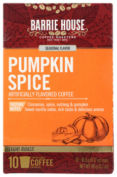 BARRIE HOUSE: Pumpkin Spice Coffee 10 Single Serve Capsules, 3.7 oz