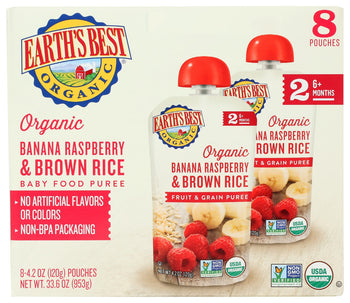 EARTHS BEST: Organic Banana Raspberry And Brown Rice Puree S2 8Pk, 33.6 oz