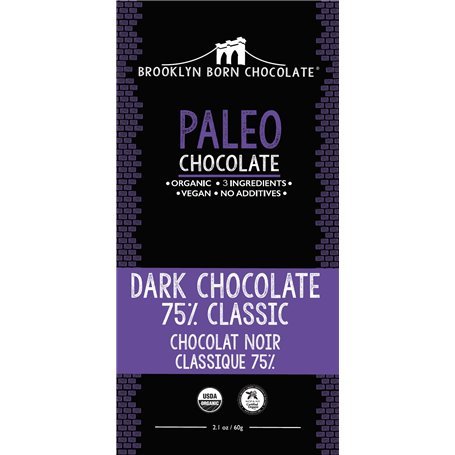 BROOKLYN BORN CHOCOLATE: Paleo Dark Chocolate 75 Percent Bar, 2.1 oz