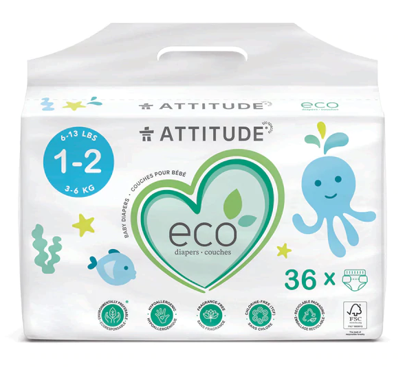 ATTITUDE: Biodegradable Baby Diapers Size 1 and 2, 36 un