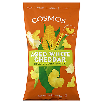 COSMOS CREATIONS: Aged White Cheddar Rice and Corn Puffs, 16 oz