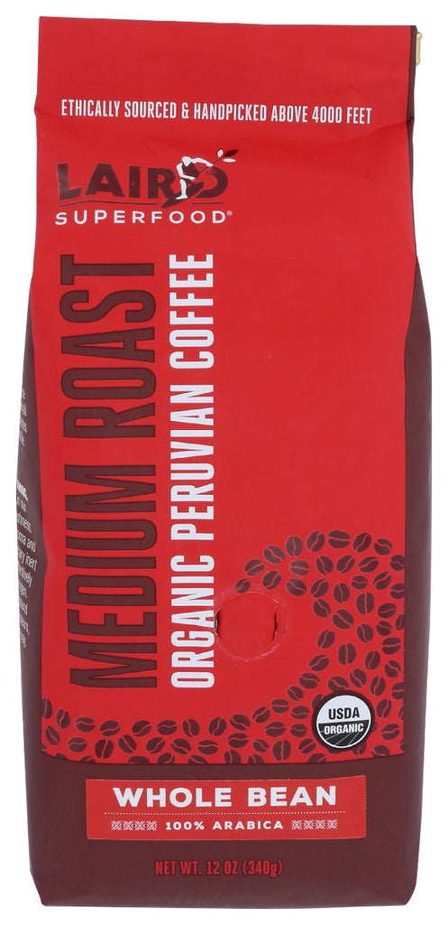 LAIRD SUPERFOOD: Peruvian Medium Roast Whole Bean Coffee, 12 oz